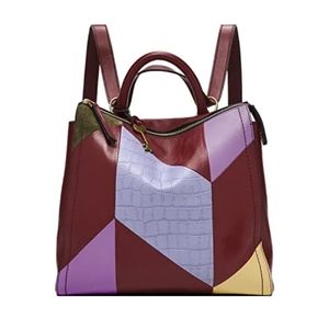 NWT Fossil Parker Leather Backpack Crossbody Shoulder Bag Purse inWine Patchwork